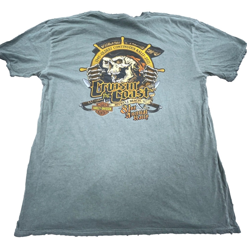 Harley Davidson Shirt Men XXL Green Tee Biker Pirate Skull Myrtle Beach Fade VTG